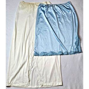 Vintage Lot of 2 Ivory & Blue Lace Trim Slips Set